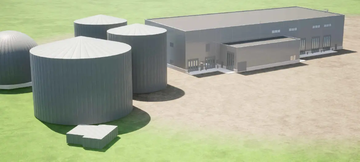 3D rendering av hur biogasanläggningen kommer se ut.
